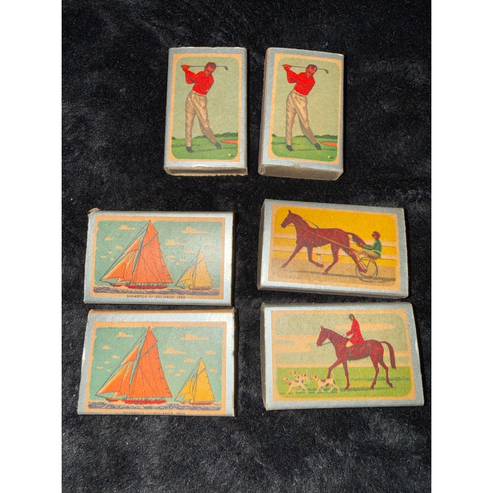 6 Vintage Ohio Blue Tip Matchboxes Golf Sailing Horse Racing Fox Hunt Sporting